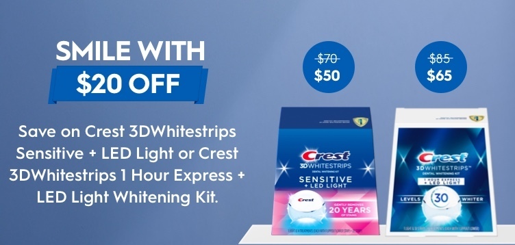 Save on Crest 3DWhitestrips Sensitive + LED Light or Crest 3DWhitestrips 1 Hour Express  + LED Light Whitening Kit