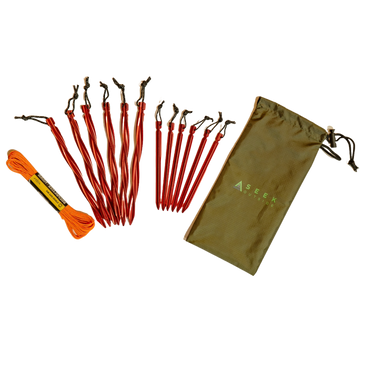 six MSR twisted stakes, six standard stakes, reflective cordage and a Stuff Sack