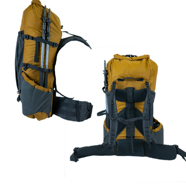 side and back profile of Flight 3 backpack showing built in lumbar pad and shoulder harness