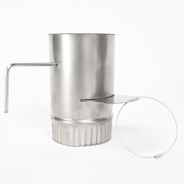 side view of stove damper with spark arrestor and damper flap on white background