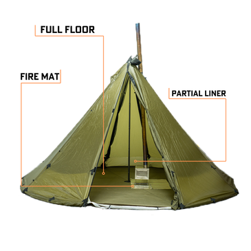 Seek Outside 8-person floor liner dimensions diagram: 16-foot diameter, full tipi floor coverage, 40D PU coated floor, 20D breathable liner