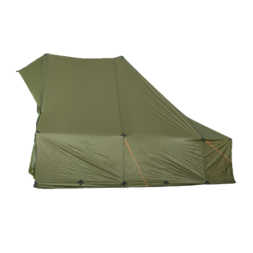Courthouse tent side elevation, dual aluminum center poles, 6-inch sod skirt sealing out drafts, green 30D silnylon canopy