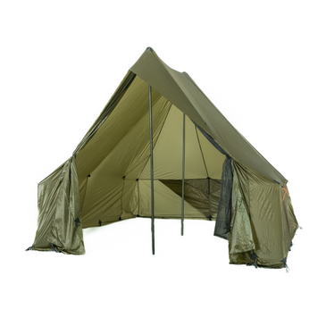 Courthouse tent front view with double doors tied open, sewn-in screen doors and rear vent visible, 126 square foot interior