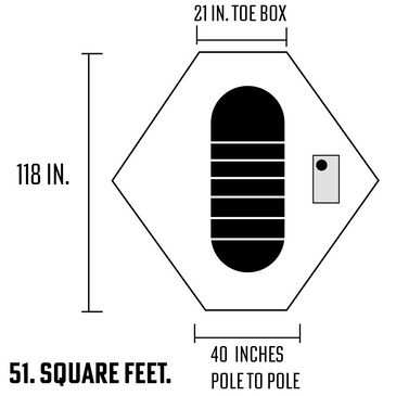 Silex tent diagram with dimensions: 21-inch toe box, 118-inch length, 40-inch pole span, 51 square feet, sleeping space for 1 person with a stove