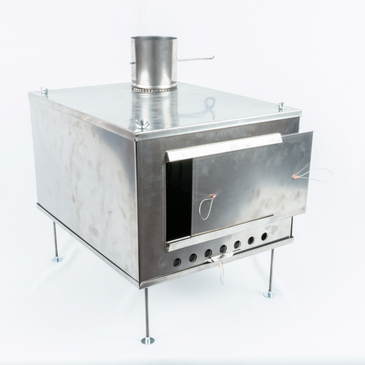 Seek Outside ultralight titanium stove front view with sliding door, front intake control, and legs attached