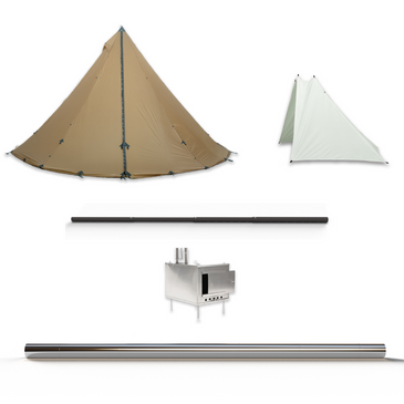 Tipi hot tent package including shelter,  pole,  stakes, stove and stovepipe