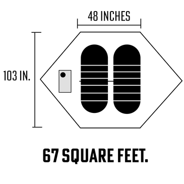 Guardian footprint diagram showing sleeping position of two sleeping bags and stove in 67 square foot shelter