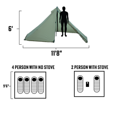 diagram showing sleeping arrangement of 2 people with a stove or 4 people without a stove