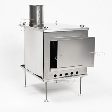 Seek Outside U-Turn ultralight titanium stove front view with sliding door, front intake control, and legs attached