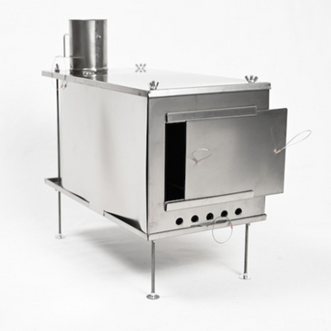 Seek Outside U-Turn ultralight titanium stove front view with sliding door, front intake control, and legs attached