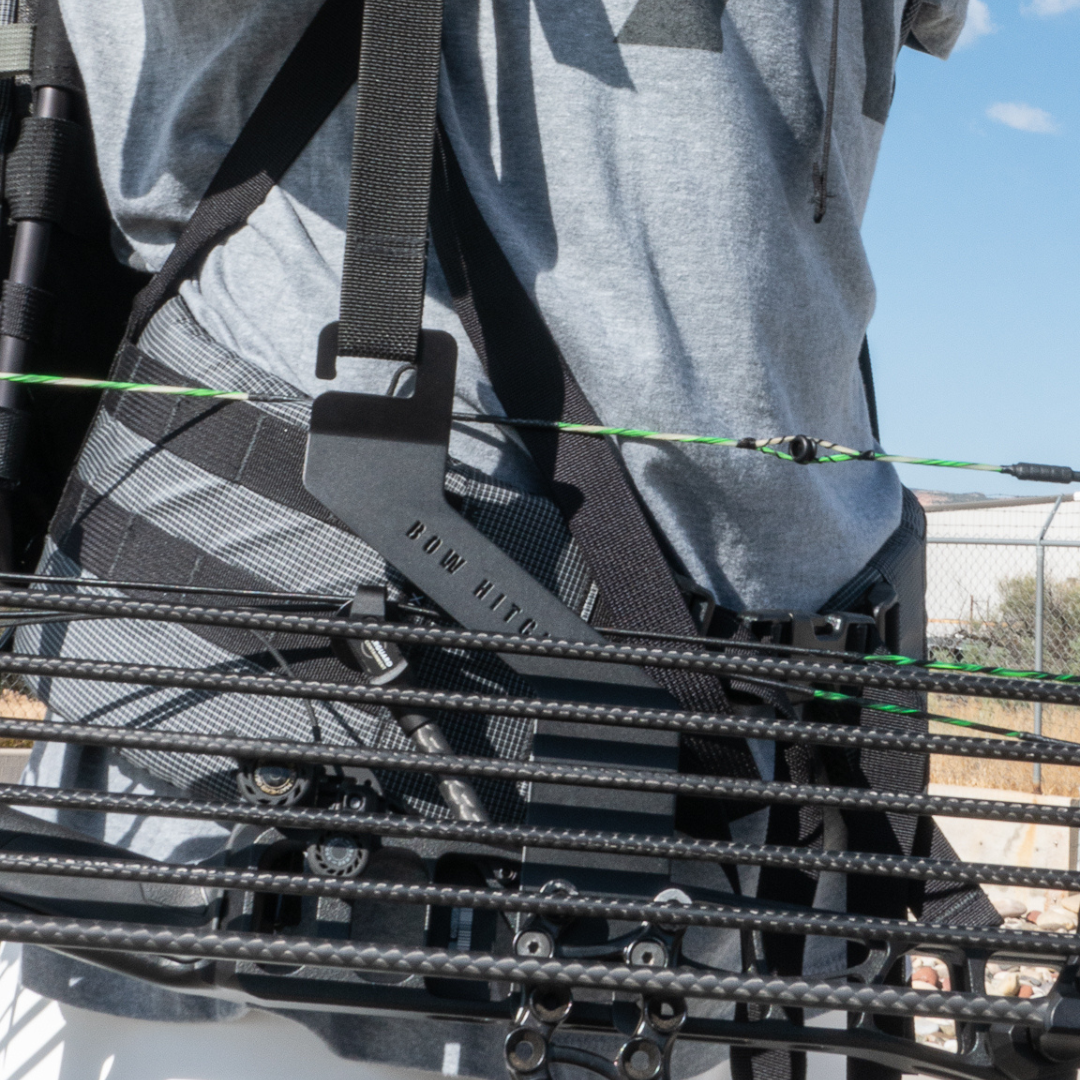 Right handed bow hitch attaches to Seek Outside backpack hip belt