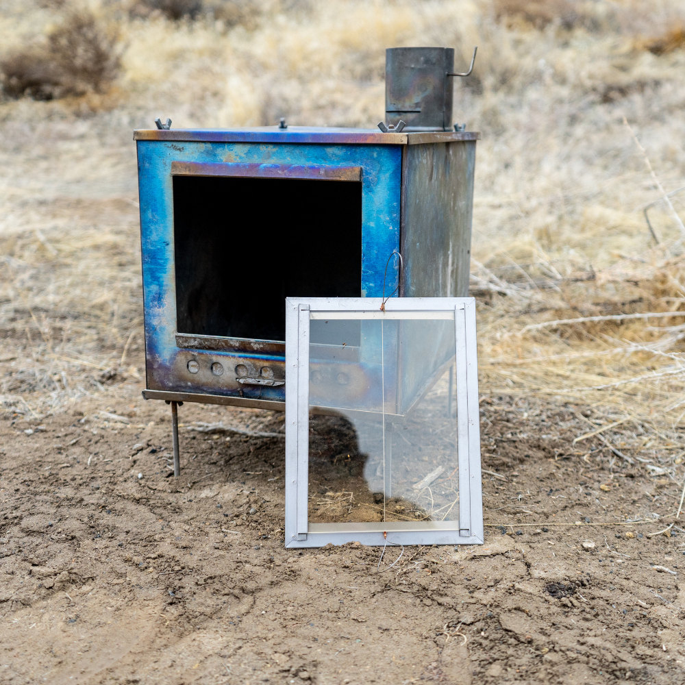 glass door replacement or upgrade for Seek Outside XL stoves, showing titanium frame construction