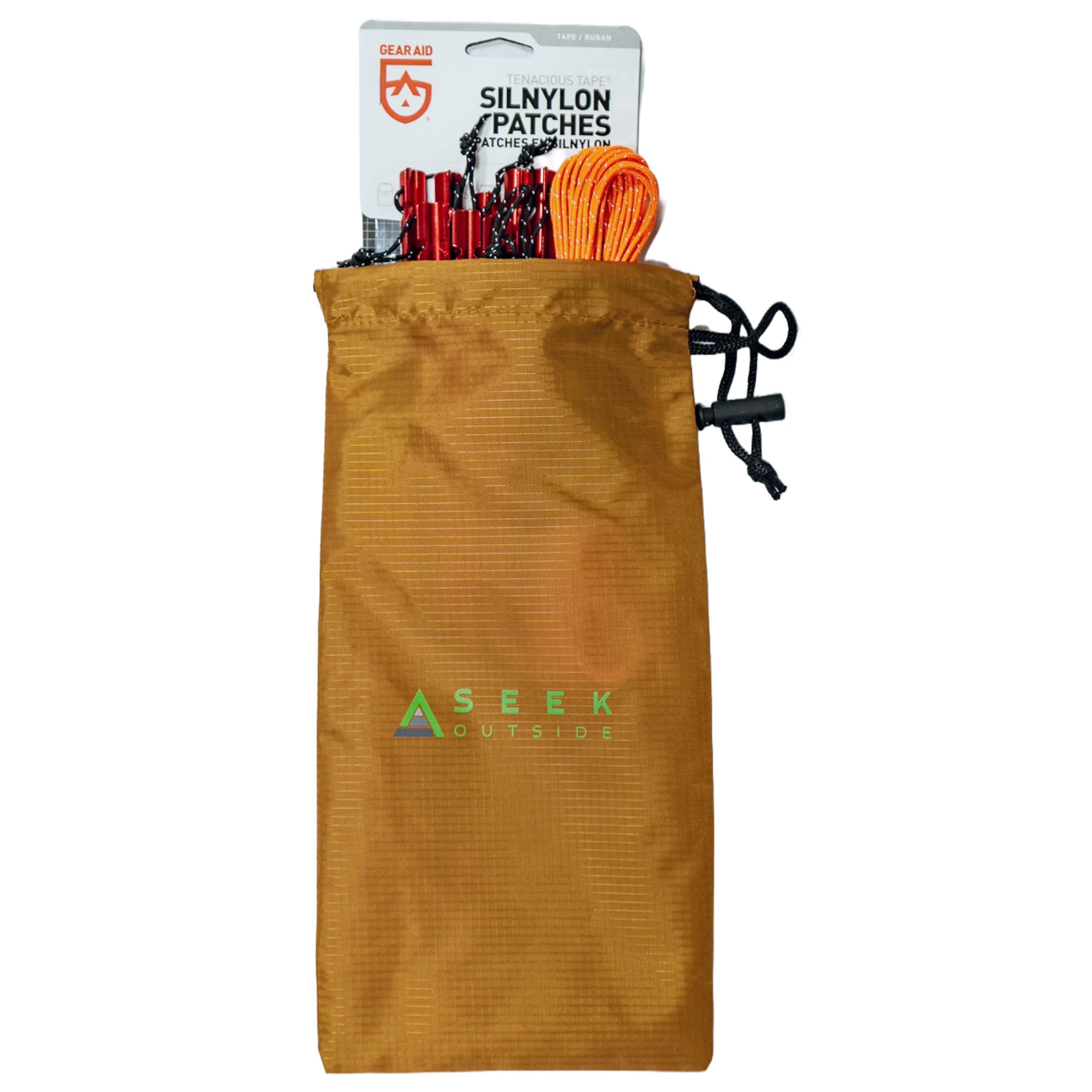 eight MSR stakes, atwood cordage, gear aid silnylon patches