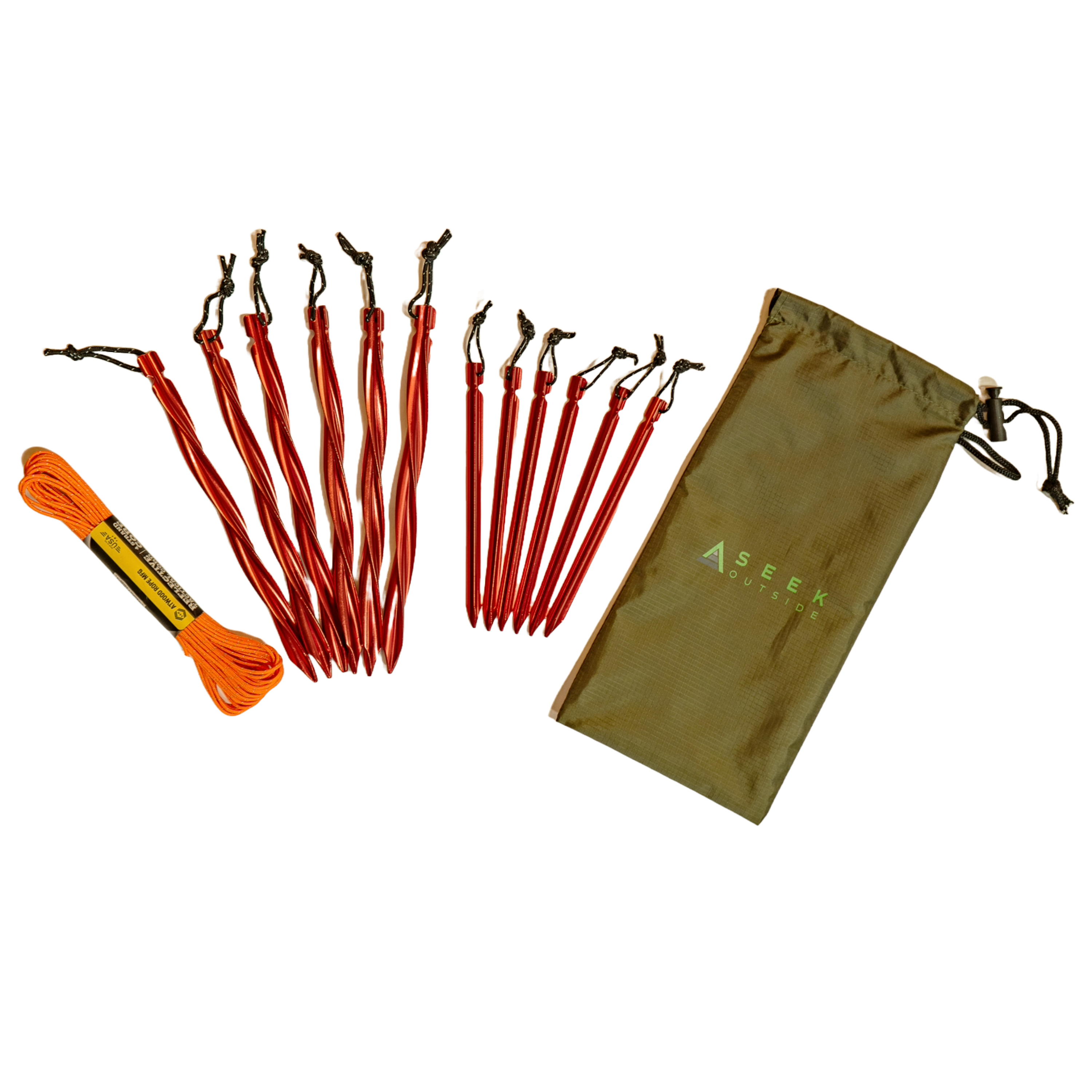 six MSR twisted stakes, six standard stakes, reflective cordage and a Stuff Sack