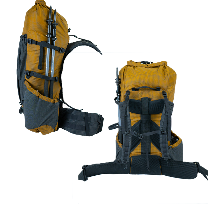 side and back profile of Flight 3 backpack showing built in lumbar pad and shoulder harness
