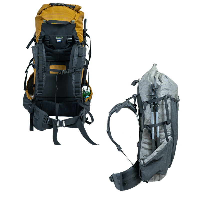 Side and back view showing the harness, hip belt adjustments, and stretch water bottle pocket