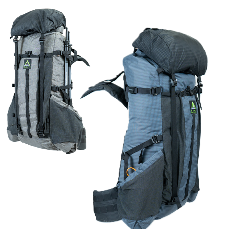 front and side view of a Gila packpack with a top lid; on a white background
