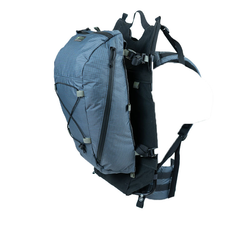 a revo frame and suspension with a gray merlin backpack attached; on a white background