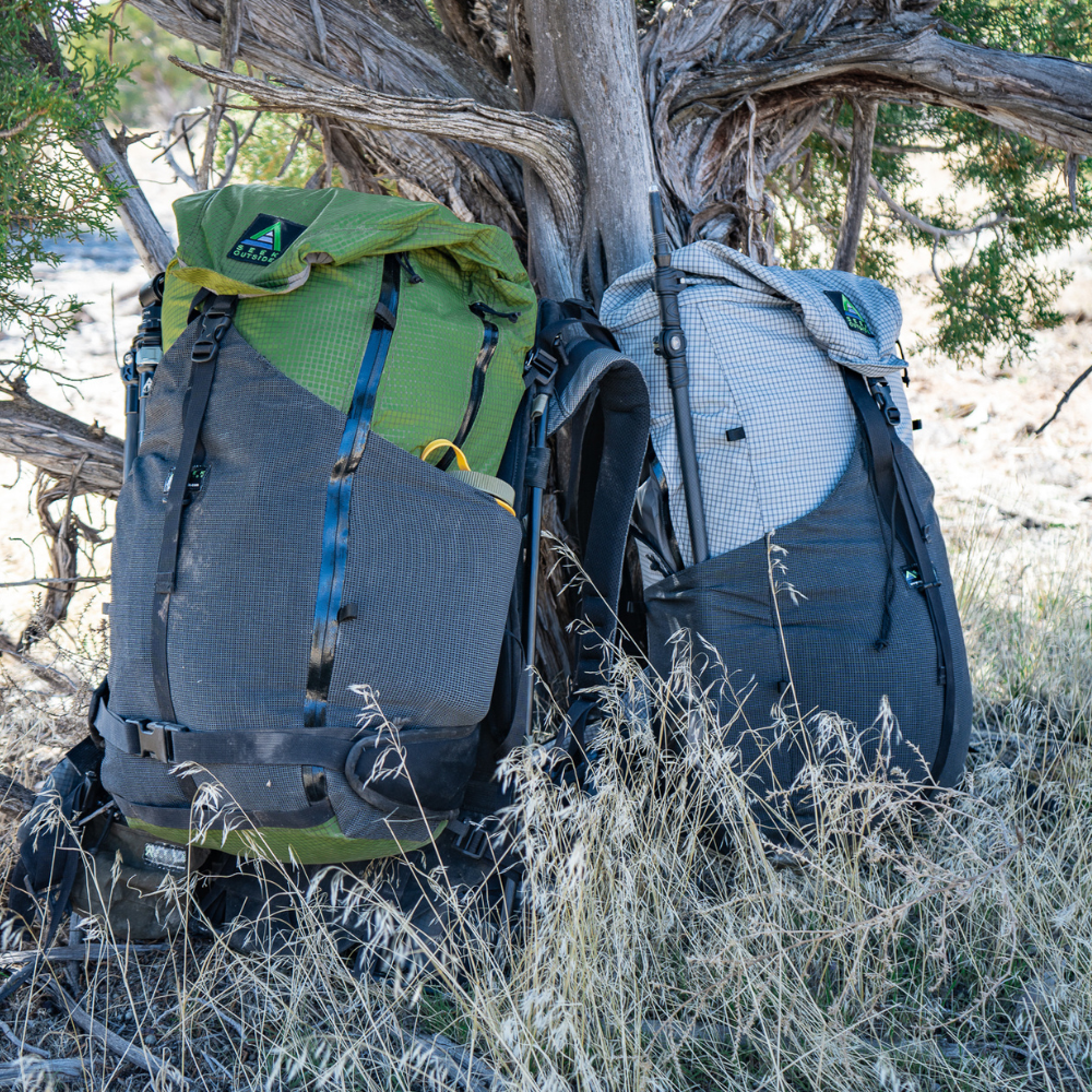 Two Seek Outside Silverton packs leaning against a tree trunk in forest clearing, both stuffed full for overnight trip