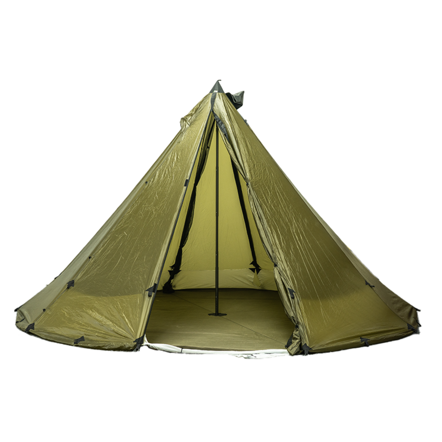 Empty tipi interior with 8-person floor liner, bathtub-style floor design, linelock attachments