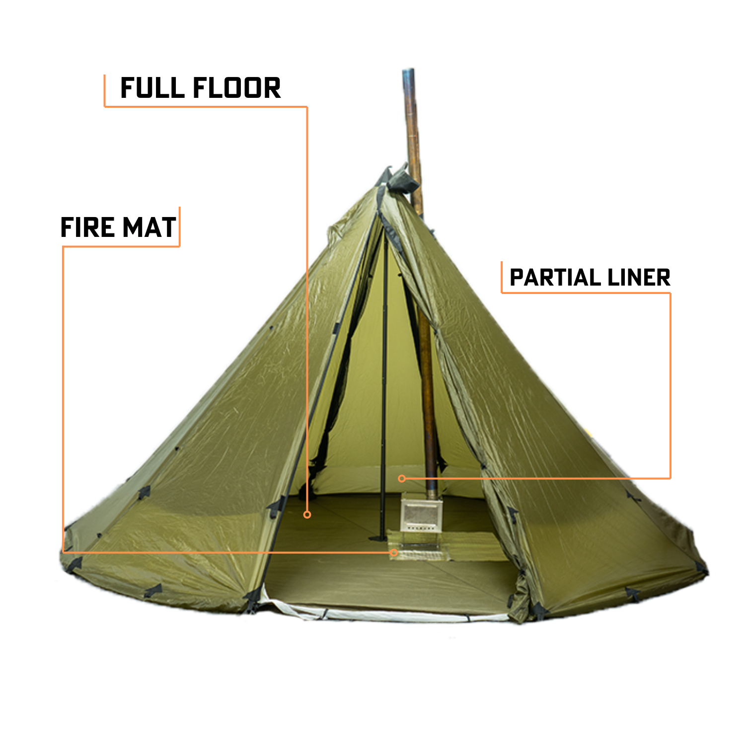 Seek Outside 8-person floor liner dimensions diagram: 16-foot diameter, full tipi floor coverage, 40D PU coated floor, 20D breathable liner