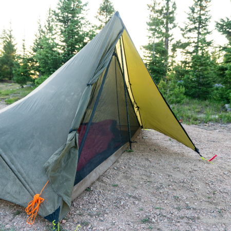 Brightwater shelter with nest deployed, sleeping pad visible, mesh sides for bug protection, 101-inch minimum width