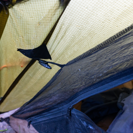 the inside of a Brightwater tent with the nest connected to the side with a toggle and loop