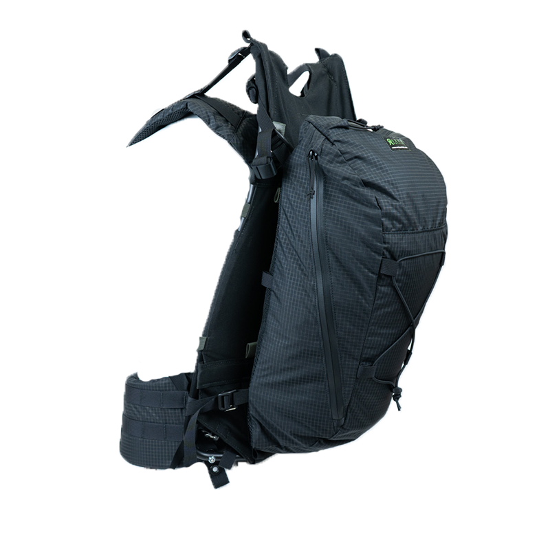 small black backpack connected to a frame and hipbelt on a white background