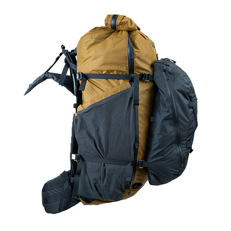 small black merlin backpack connected to a coyote brown backpack on a white background