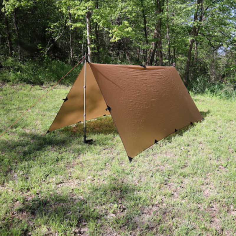 DST Tarp A-frame setup with both ends open for ventilation, 30D silnylon ripstop fabric, 19.5 oz complete weight