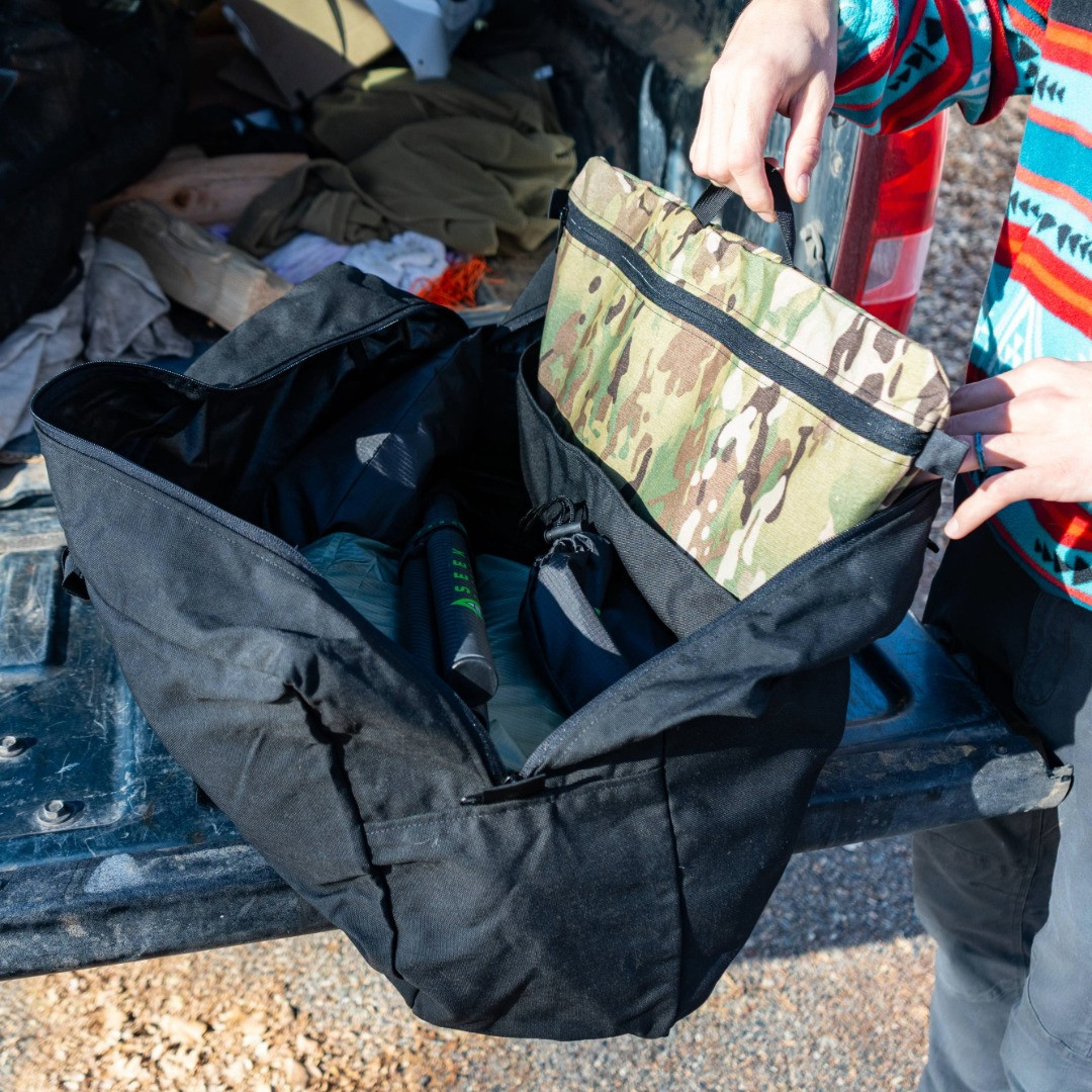 Black Duffle Bag with Camping Gear and stove bag