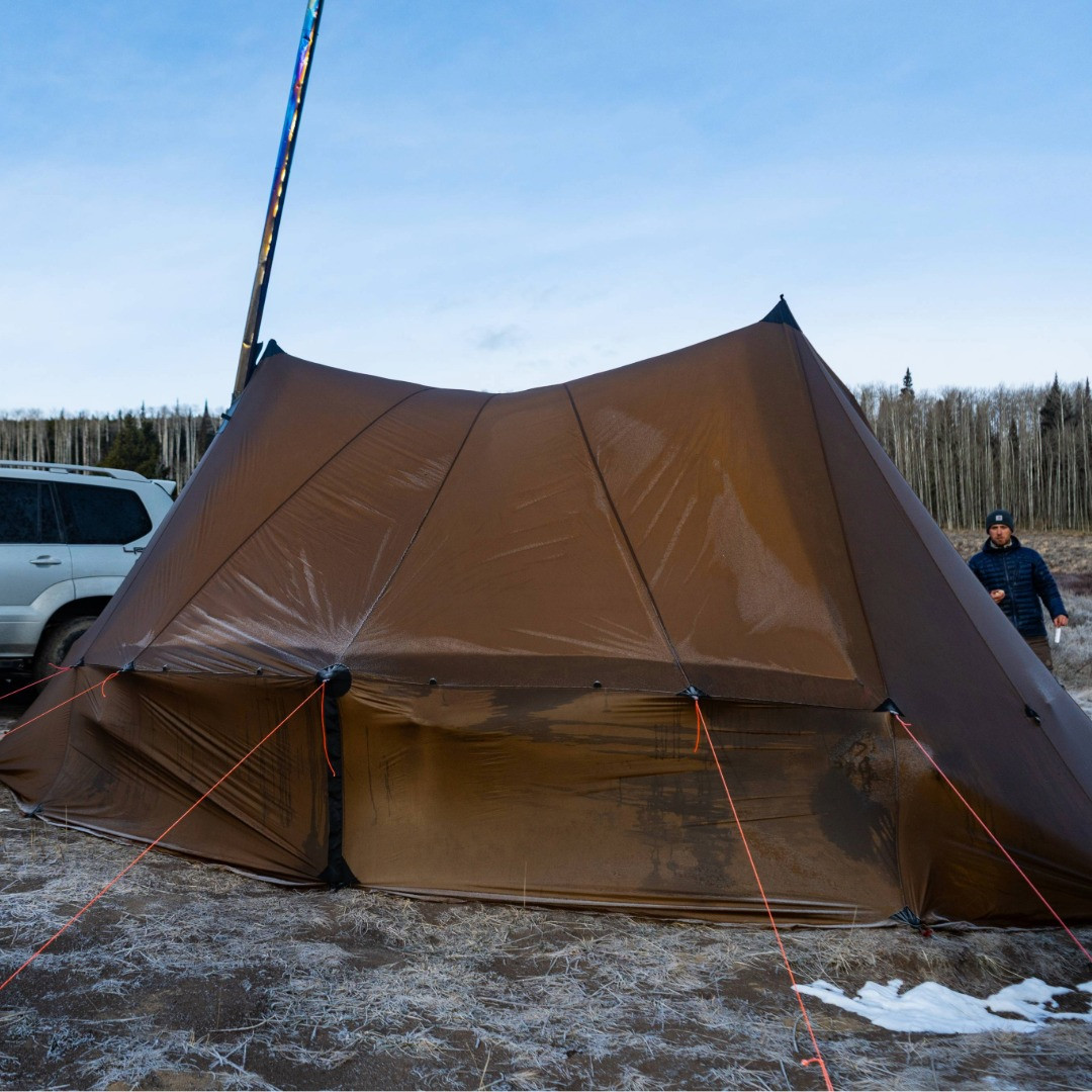 read view of bookcliff tent, space snow on the ground and frost on the tent
