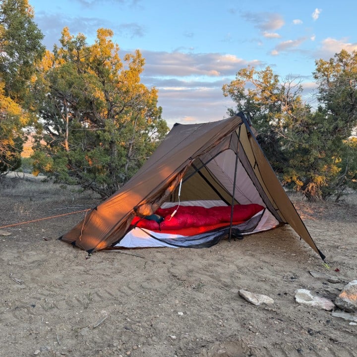 silex tent with nest and gear inside, pine trees in the background
