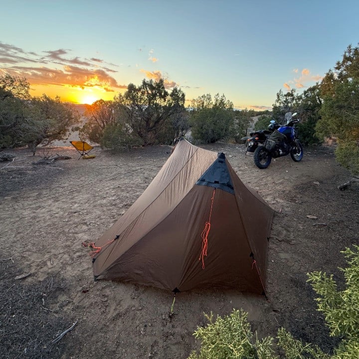 desert bike packing camp, Silex tent with zippered doors closed, spacious one-person interior with gear storage