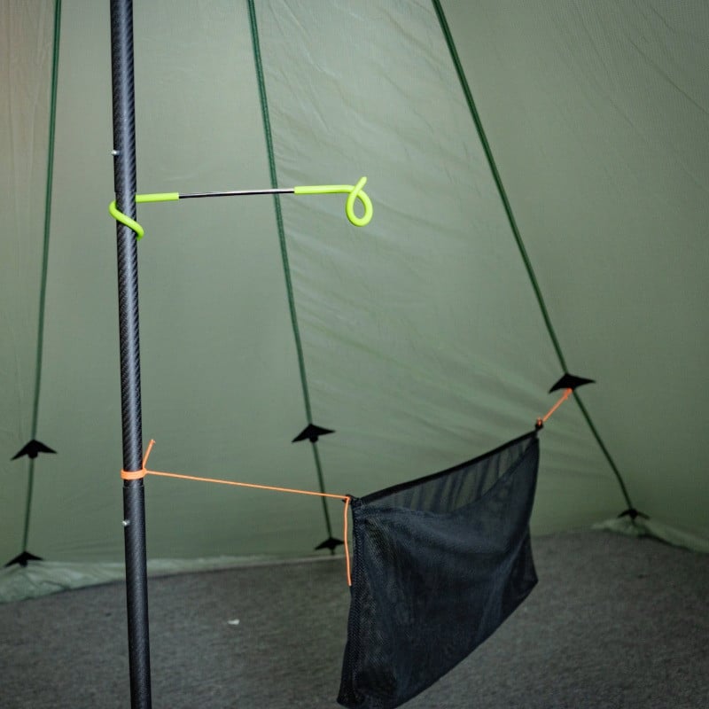 pole drying hook and tipi drying bag in tent