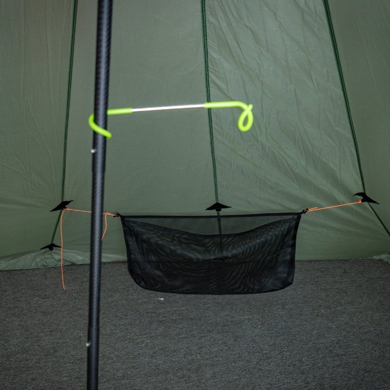 pole drying hook and tipi drying bag connected to a tent pole inside tent