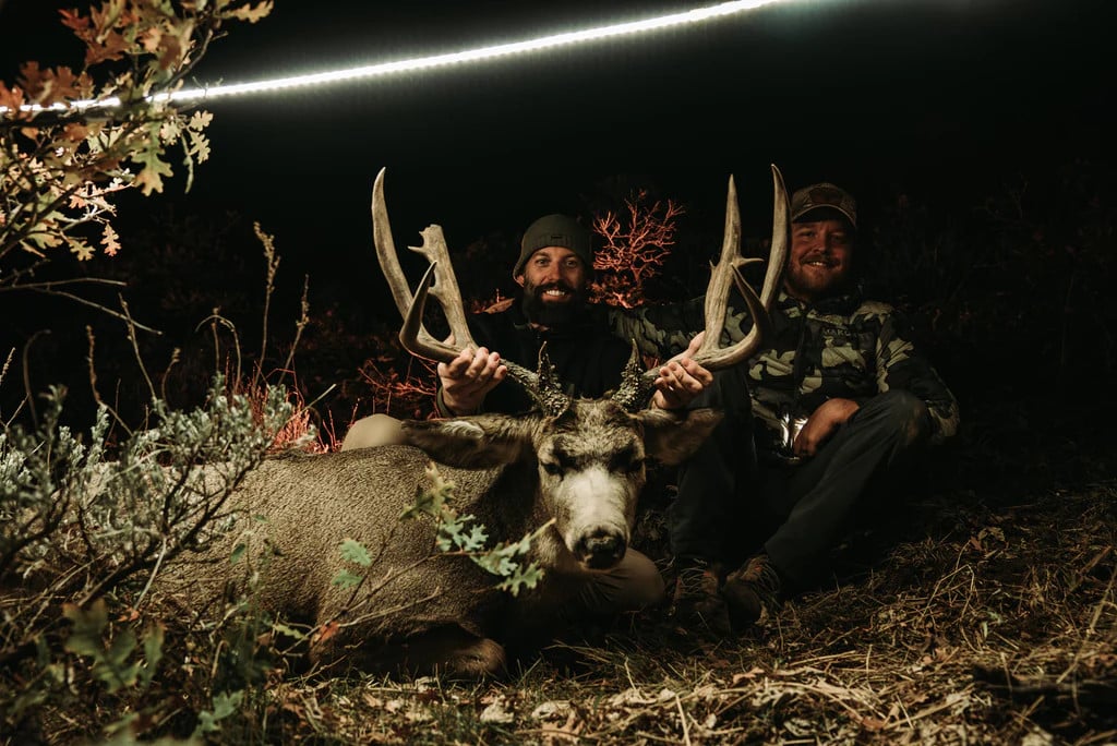 Light rope illuminates a dark  hunting scene with two men and a mule deer