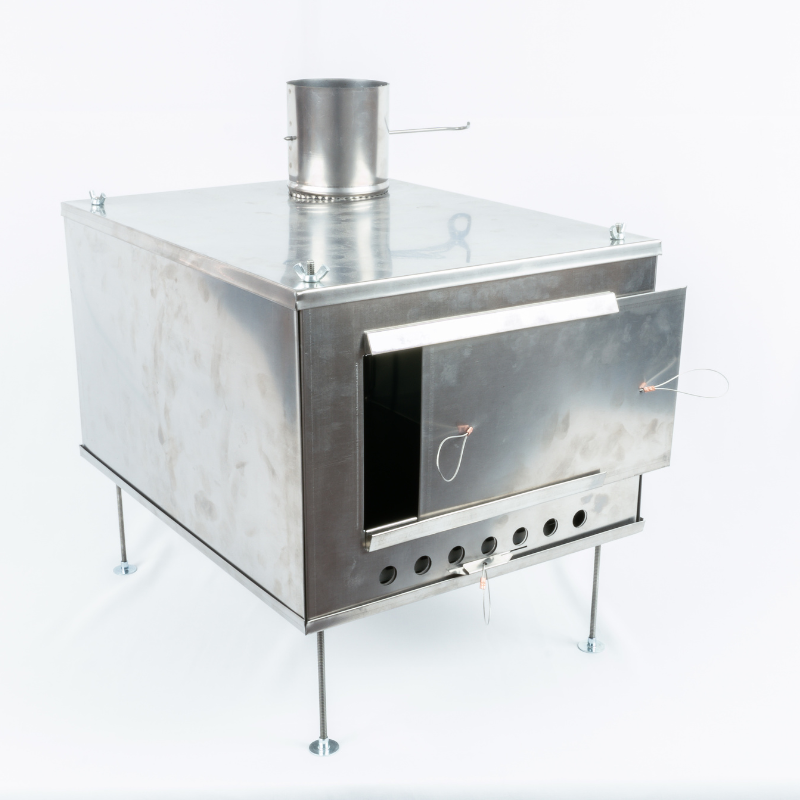 Seek Outside ultralight titanium stove front view with sliding door, front intake control, and legs attached