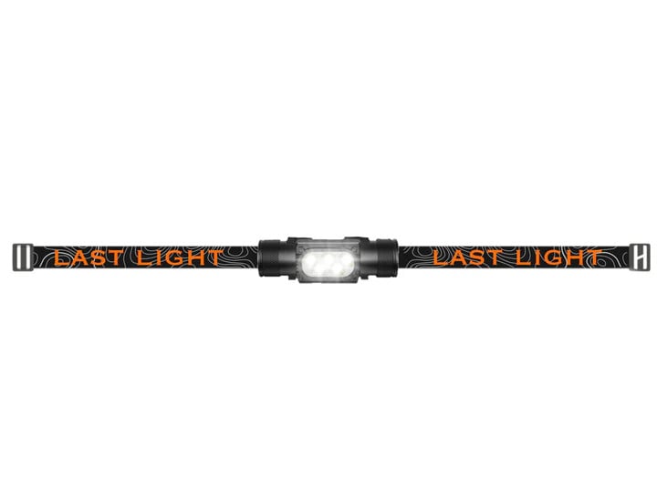 Last Light Head Lamp with white light turned on. White backround.