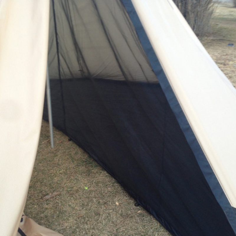Half nest inner tent set up inside 8-person tipi with no gear, stake-out loops aligned to tent stake positions, peak tied to center pole
