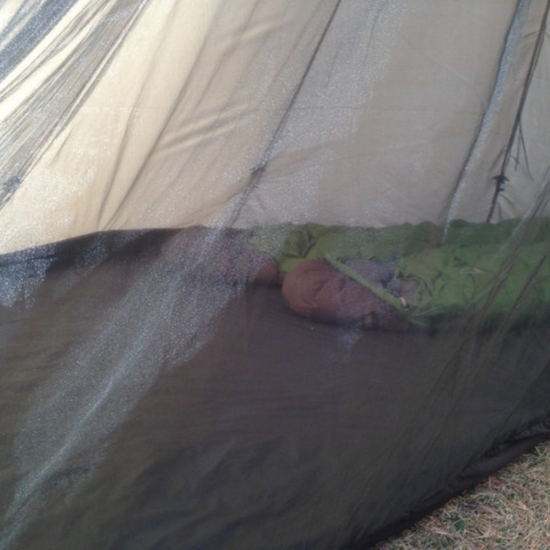 Half nest inner tent with sleeping gear for two adults, 15-foot length and 7-foot-8-inch height, bug mesh fully zipped