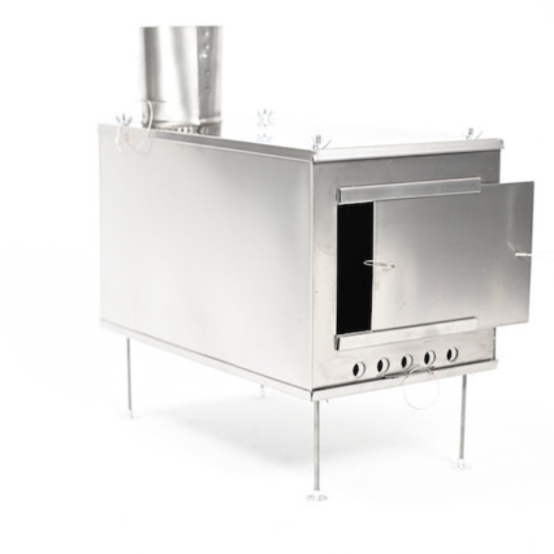 Seek Outside Large titanium stove front view with sliding door, front intake control, and legs attached