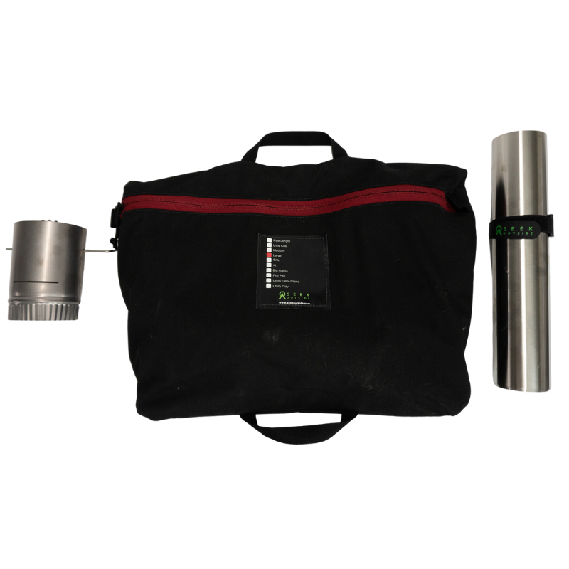 black stove bag, rolled up stove pipe and damper on a white background