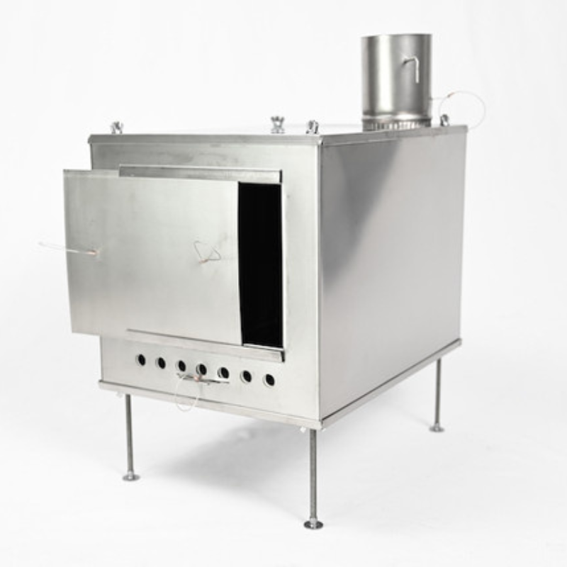 fully assembles titanium stove with door partially open and damper visible on the back