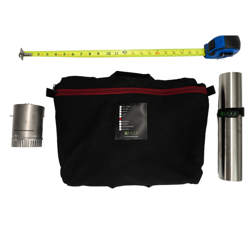 black stove bag with disassembled stove inside, stove damper, rolled up stove pipe