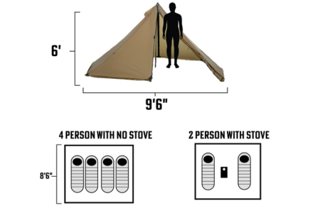 Diagram comparing Cimarron sleeping capacity: 2 adults with titanium stove and stovepipe vs. 4 adults without stove, showing 6-foot center height 