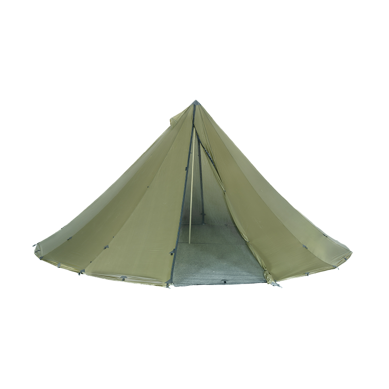 green 16 person tent with 6 inch sod skirt and sturdy aluminum center pole visible
