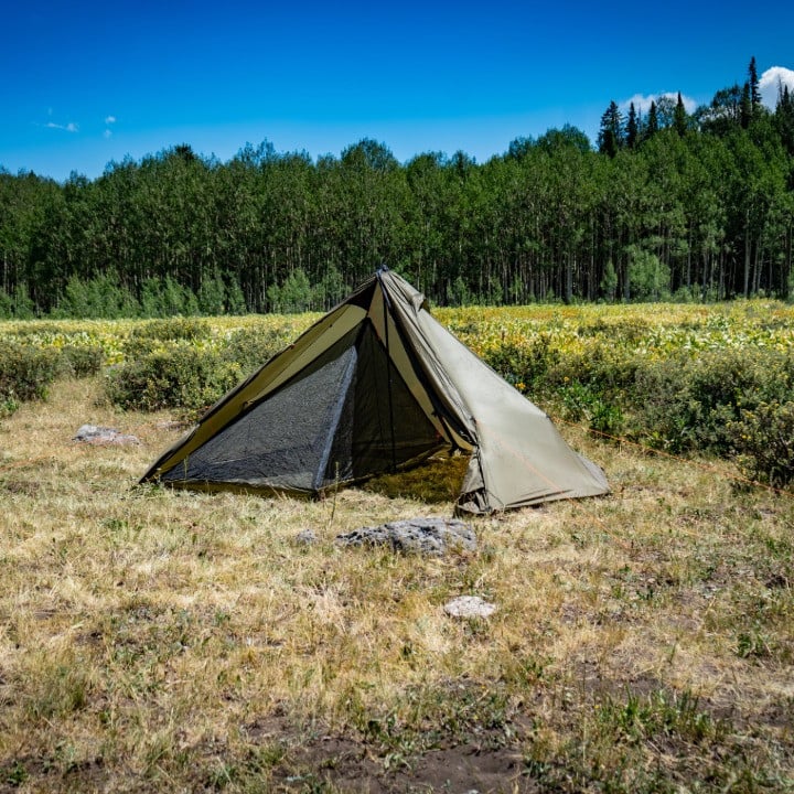 Cimarron half nest inside a green Cimarron shelter in an alpine meadow, the nest is empty showing you can sleep up to two people inside the nest