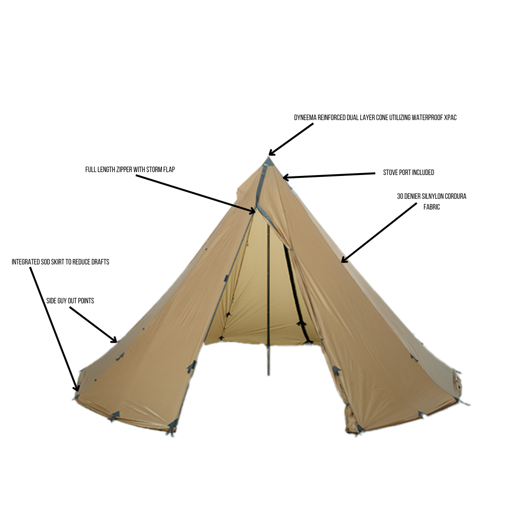 Tent feature infographic with callouts for full length zipper storm flap, sod skirt, side guyout points, Dyneema Xpac peak cone, stove port, and 30D silnylon Cordura fabric