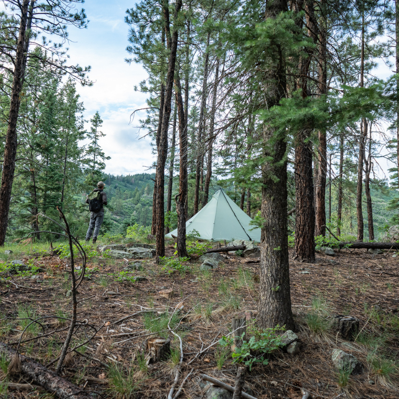backpacker stands next to seek outside cimarron pyramid tent